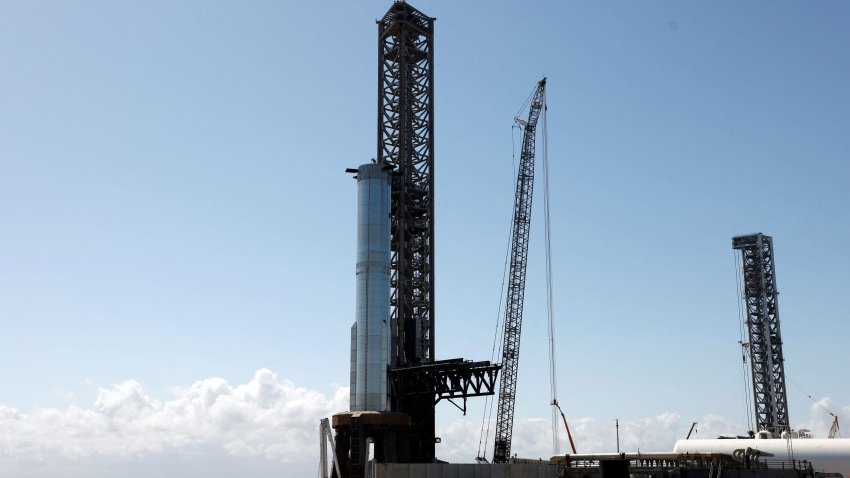 SpaceX’s Super Heavy booster is seen on the launch pad, without the Starship atop, as it is prepared for launch from the company’s Boca Chica launchpad on an uncrewed test flight, near Brownsville, Texas, U.S. Feb. 27, 2025.