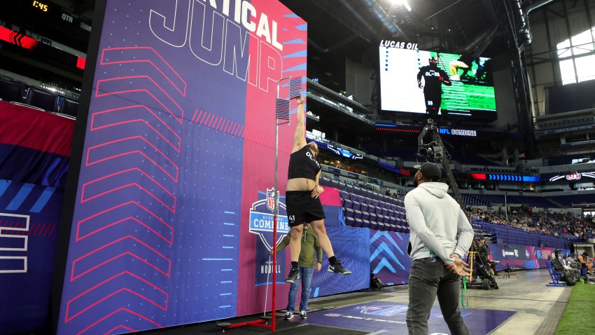 Peter Skoronski jumps at the NFL Combine