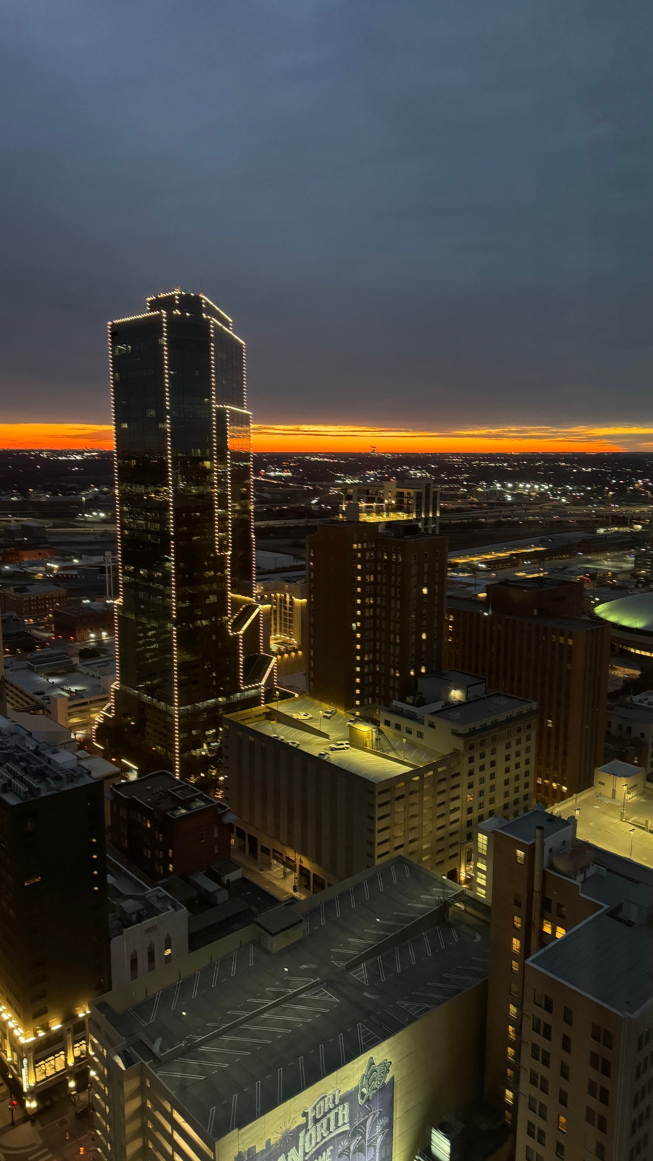 Hello! The sunrises have been spectacular this week. This is one looking from our bedroom window in the tower downtown Fort Worth. Enjoy!