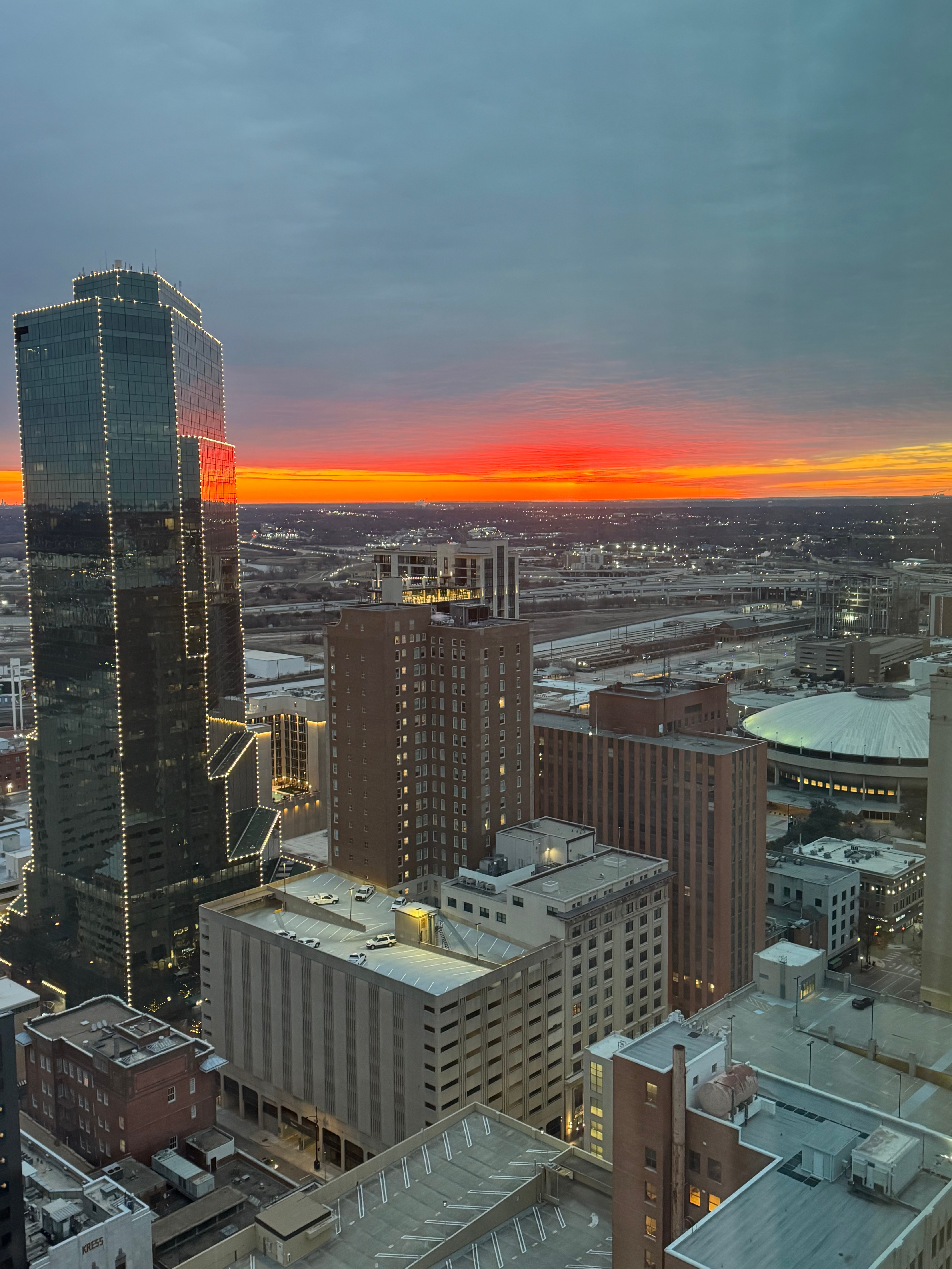 Hello! The sunrises have been spectacular this week. This is one looking from our bedroom window in the tower downtown Fort Worth. Enjoy!