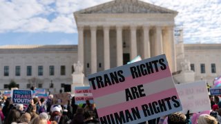 FILE – Transgenders rights supporters rally outside of the Supreme Court, Wednesday, Dec. 4, 2024, in Washington.