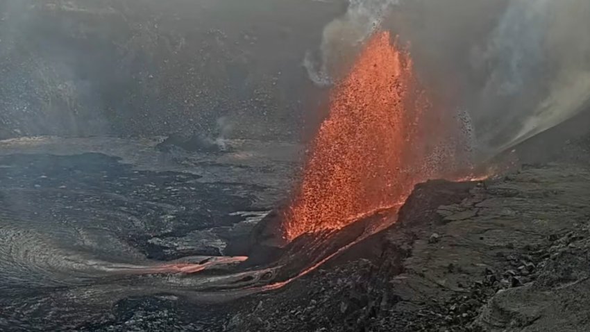 This handout photo from the U.S. Geological Survey shows lava erupting from Haleumaumau Crater at the summit of Kilauea volcano inside Hawaii Volcanoes National Park, Hawaii., on Tuesday, Feb. 11, 2025.