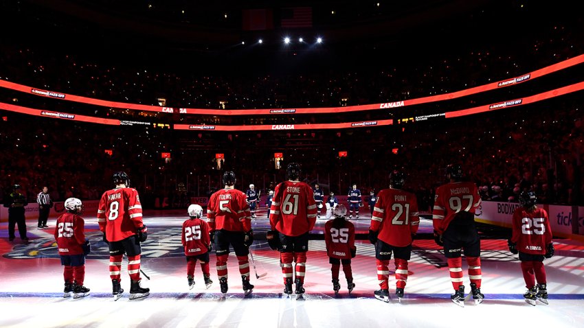 Team Canada stand at their blueline during pre-game ceremonies before the 4 Nations Face-Off Championship game against Team United States at TD Garden on Thursday in Boston.