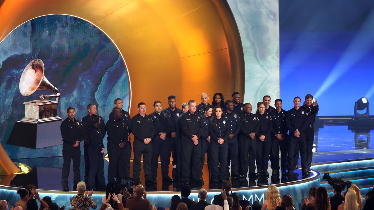 LA firefighters are honored on the Grammys red carpet. See their reaction