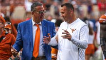 University of Texas Athletic Director Chris Del Conte discussed with manager Steve Salkisian after a match between Texas and Louisiana at Darrell K. Royal Stadium on September 4, 2021, when Texas won 38-18. (Aaron E. Martinez / Austin American Stateman / USA TODAY Network)