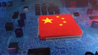 Computer chip with Chinese flag, 3d conceptual illustration.