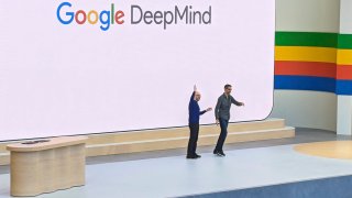 Google DeepMind CEO Demis Hassabis, left, and Google CEO Sundar Pichai open the tech titan’s annual I/O developers conference focusing on how artificial intelligence is being woven into search, email, virtual meetings and more, May 14, 2024.