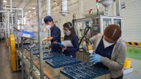 Workers weld acid batteries at the Leoch International Technology Ltd. factory in Saltillo, Coahuila, Mexico, on Monday, Oct. 7, 2024. 