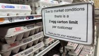 Signs limit the number of cartons of eggs a customer can purchase at a grocery store in Gloucester, Massachusetts, U.S., March 8, 2025. 