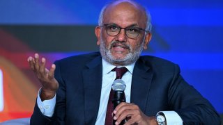 Shantanu Narayen, Chair and CEO of Adobe Systems, addresses the gathering on the first day of the three-day B20 Summit in New Delhi on Aug. 25, 2023.