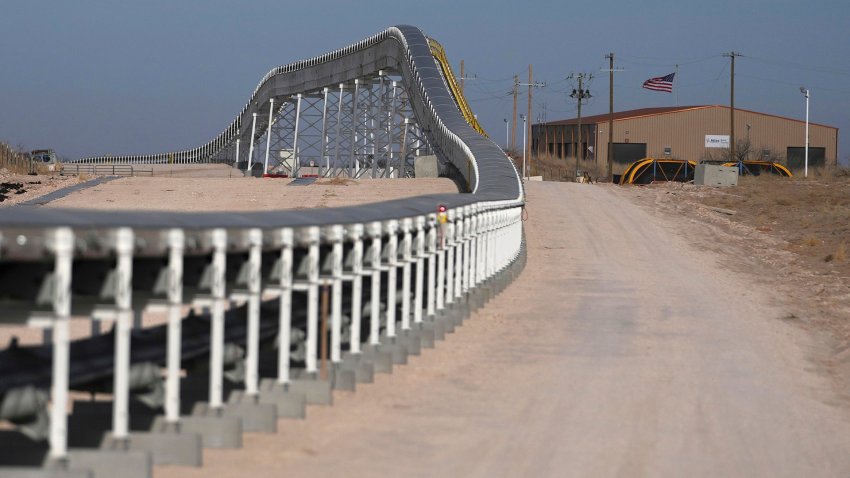 A 42-mile conveyor belt by Atlas Energy carries sand needed for hydraulic fracturing Wednesday, Feb. 26, 2025, in Kermit, Texas.