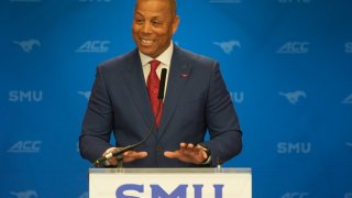SMU athletic director Damon Evans during a news conference in Dallas, Thursday, March 27, 2025. (AP Photo/LM Otero)