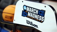 NCAA March Madness logo on a basketball rack