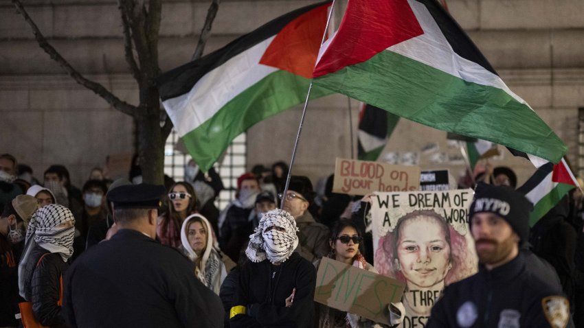 Pro-Palestinian protesters gather outside Columbia University Campus in New York City to protest against the former Israeli Prime Minister Naftali Bennett. New York, U.S., March 04, 2025. (Photo by Mostafa Bassim/Anadolu via Getty Images)