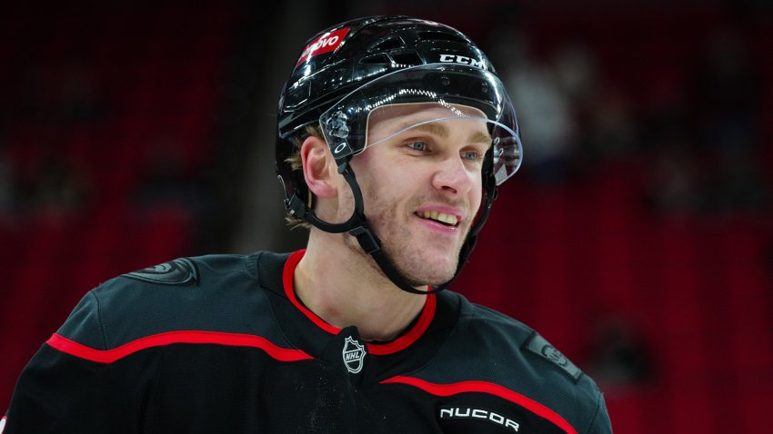 Mar 6, 2025; Raleigh, North Carolina, USA;  Carolina Hurricanes right wing Mikko Rantanen (96) looks on during the warmups before the game against the Boston Bruins at Lenovo Center.