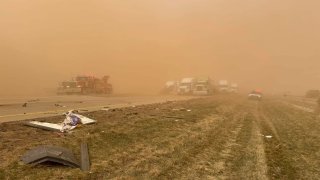 Texas DPS shared this photo of a crash as a dust storm moved through the Texas Panhandle on Friday, March 14, 2025.