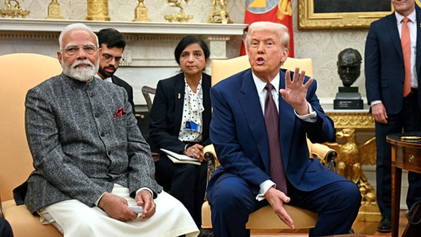 US President Donald Trump speaks with the press as he meets with Indian Prime Minister Narendra Modi in the Oval Office of the White House in Washington, DC, on Feb. 13, 2025. 
