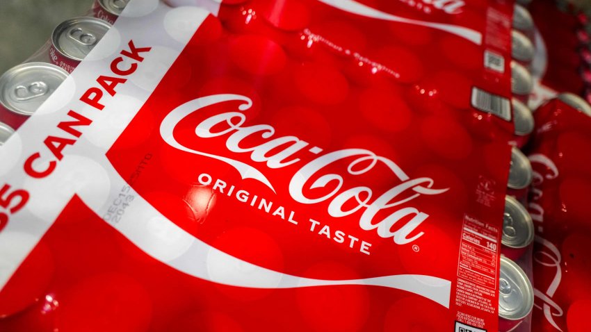 Coca-Cola cans are pictured in a supermarket in Bayonne, New Jersey, on April 8, 2025. 
