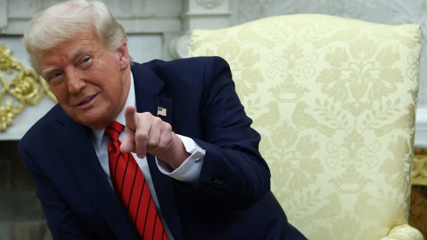 U.S. President Donald Trump speaks as he meets with Italian Prime Minister Giorgia Meloni (not pictured) in the Oval Office at the White House in Washington, D.C., U.S., April 17, 2025.