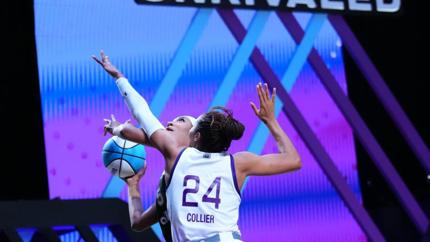 Angel Reese #5 of Rose goes up for a shot against Napheesa Collier #24 of the Lunar Owls during the second half at Wayfair Arena on February 21, 2025 in Medley, Florida.