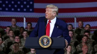 U.S. President Donald Trump speaks during an event at the Selfridge Air National Guard Base in Harrison Township, Michigan, U.S., on April 29, 2025.