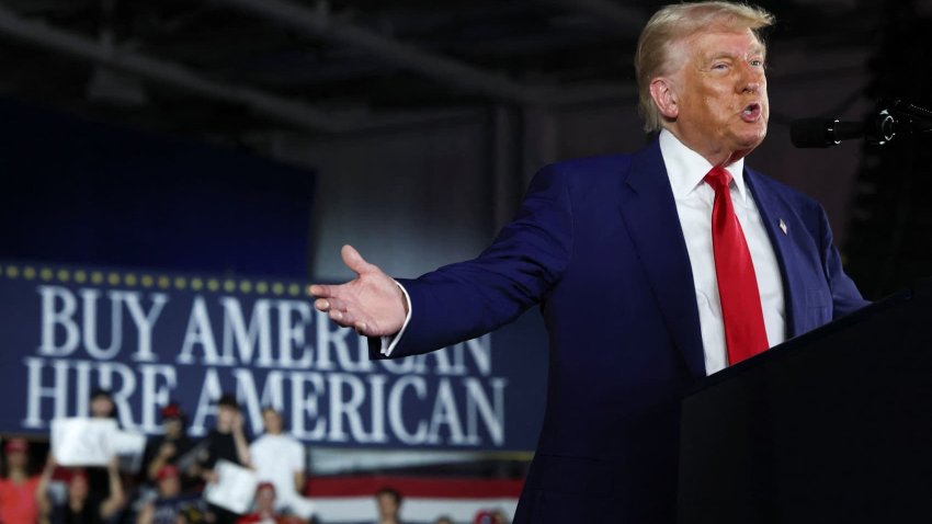 U.S. President Donald Trump speaks during a rally to mark his 100th day in office, at Macomb Community College in Warren, Michigan, U.S., April 29, 2025.