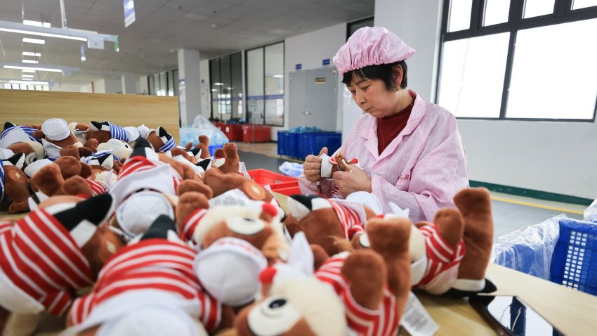 LIANYUNGANG, CHINA – APRIL 11, 2025 – A worker produces plush toys for sale to countries along the Belt and Road at a toy company’s production line in Lianyungang, Jiangsu province, China on April 11, 2025.