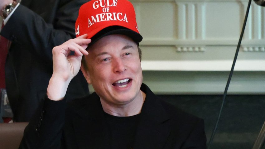 Tesla CEO Elon Musk reacts while wearing a cap with the words “Gulf of America” as he attends a cabinet meeting held by U.S. President Donald Trump at the White House in Washington, D.C., U.S., April 30, 2025.