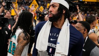 Dallas Mavericks forward Anthony Davis (3) walks off the court after the team’s loss in an NBA play-in tournament basketball game against the Memphis Grizzlies, Friday, April 18, 2025, in Memphis, Tenn. (AP Photo/George Walker IV)
