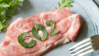 Emissions co2, carbon footprint concept with pork steak on plate