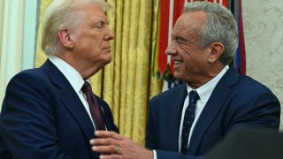 Health and Human Services Secretary Robert F. Kennedy Jr. shakes hands with President Donald Trump in the Oval Office of the White House in Washington, DC, on Feb. 13, 2025.