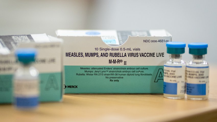 Boxes and vials of the Measles, Mumps, Rubella Virus Vaccine