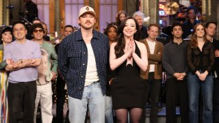 (l-r) Musical guest Morgan Wallen and host Mikey Madison