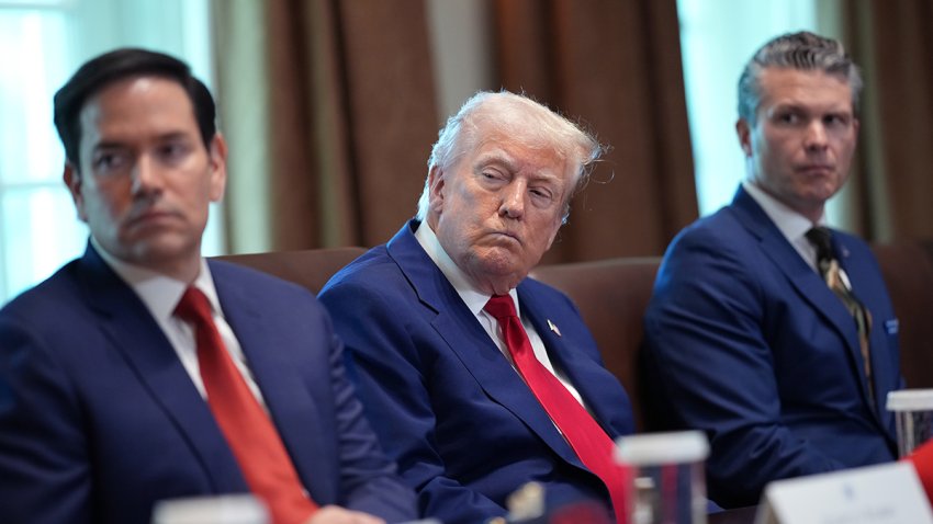 (L-R) Secretary of State Marco Rubio, President Donald Trump, and Secretary of Defense Pete Hegseth attend a Cabinet meeting at the White House on April 30, 2025.