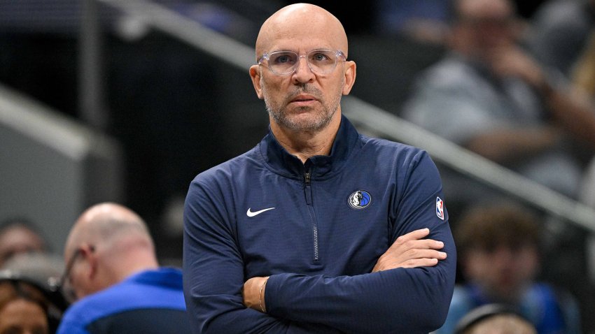 Mar 31, 2025; Dallas, Texas, USA; Dallas Mavericks head coach Jason Kidd looks on during the first quarter against the Brooklyn Nets at the American Airlines Center.