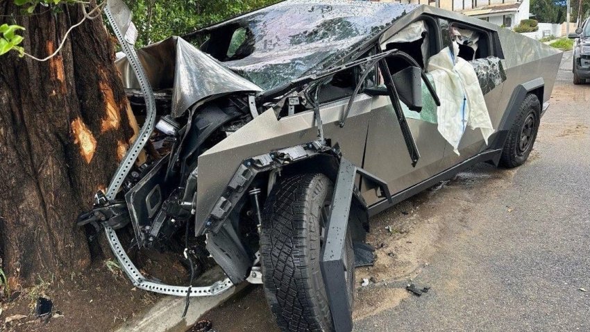The scene of a Tesla Cybertruck crash Thursday April 24, 2025 in Winnetka.
