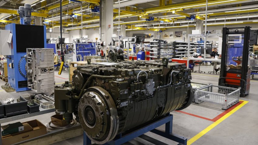 A Leopard 2 tank gear transmission in a production hall at the Renk AG plant in Augsburg, Germany, on Monday, May 8, 2023.