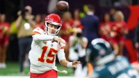 Patrick Mahomes #15 of the Kansas City Chiefs throws a pass in the first quarter against the Philadelphia Eagles during Super Bowl LIX at Caesars Superdome on February 09, 2025 in New Orleans, Louisiana. 