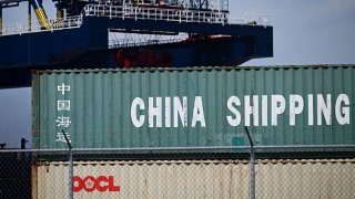A China Shipping cargo container sits stacked at the Port of Long Beach in Long Beach, California on April 10, 2025.