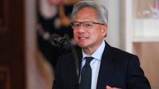 Nvidia CEO Jensen Huang attends an event, “Investing in America,” held by President Donald Trump in Washington, April 30, 2025.