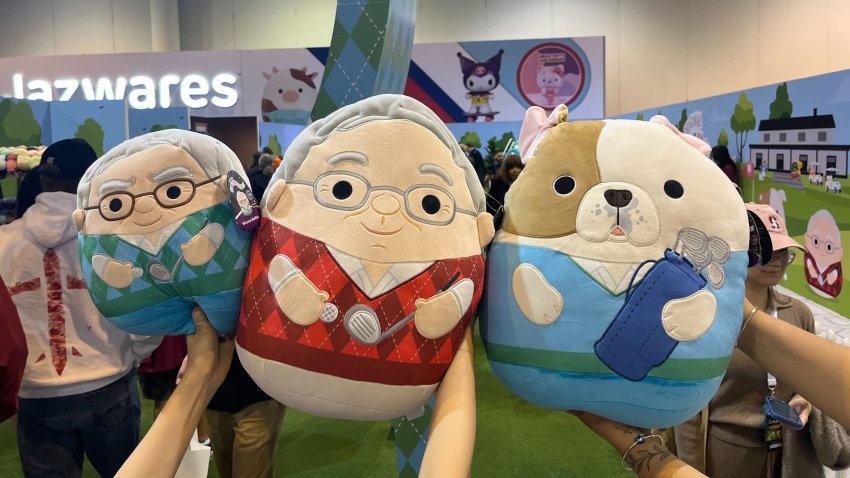 Squishmallows in the images of Warren Buffett, Charlie Munger and Omaha at the Berkshire Hathaway Annual Shareholders Meeting in Omaha, Nebraska on May 2, 2025.