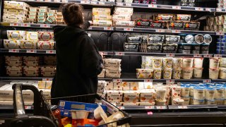 People shop at a grocery store in Brooklyn on May 13, 2025 in New York City.