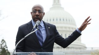 U.S. Senator Raphael Warnock speaks at the Capitol on April 10 in Washington, D.C.