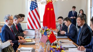 U.S. Secretary of the Treasury Scott Bessent, U.S. Trade Representative Jamieson Greer, China’s International Trade Representative and Vice Minister of Commerce Li Chenggang, and Chinese Vice Premier He Lifeng, prepare to discuss on the day of a bilateral meeting between the U.S. and China, in Geneva, Switzerland, May 10, 2025.