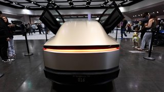A view of a Tesla Cybercab, also known as the Robotaxi, during the Silicon Valley Auto Show at Santa Clara Convention Center in California, U.S., on Feb. 22, 2025.