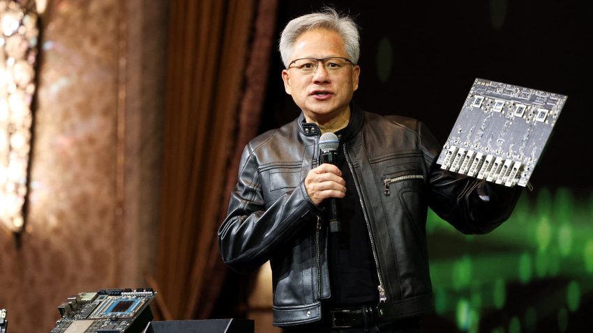 Jensen Huang, co-founder and CEO of Nvidia Corp., speaks during a news conference in Taipei on May 21, 2025. Cheng / AFP) (Photo by I-HWA CHENG/AFP via Getty Images)