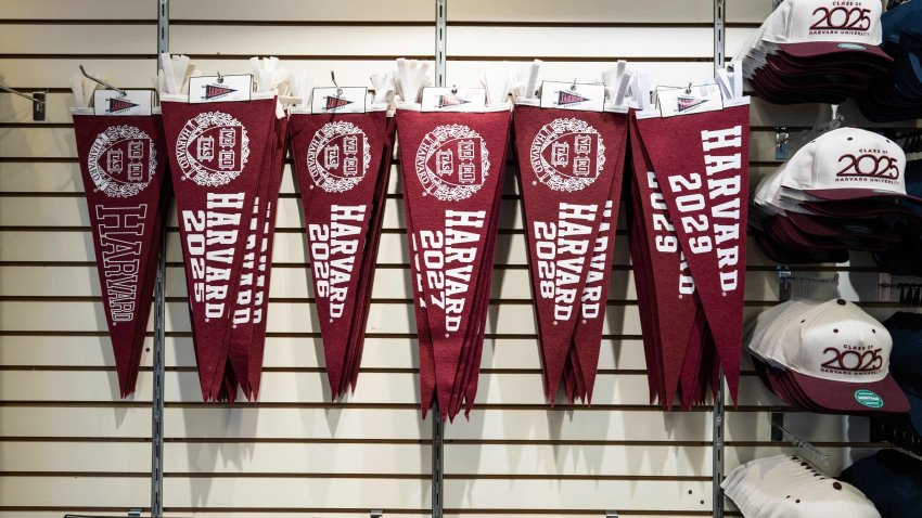 Harvard University merchandise displayed at a store in Cambridge, Massachusetts, US, on Monday, May 5, 2025.