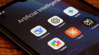 In this photo illustration, the artificial intelligence (AI) apps DeepSeek, ChatGPT, Google Gemini, Copilot, Claude, and Perplexity seen displayed on a smartphone.