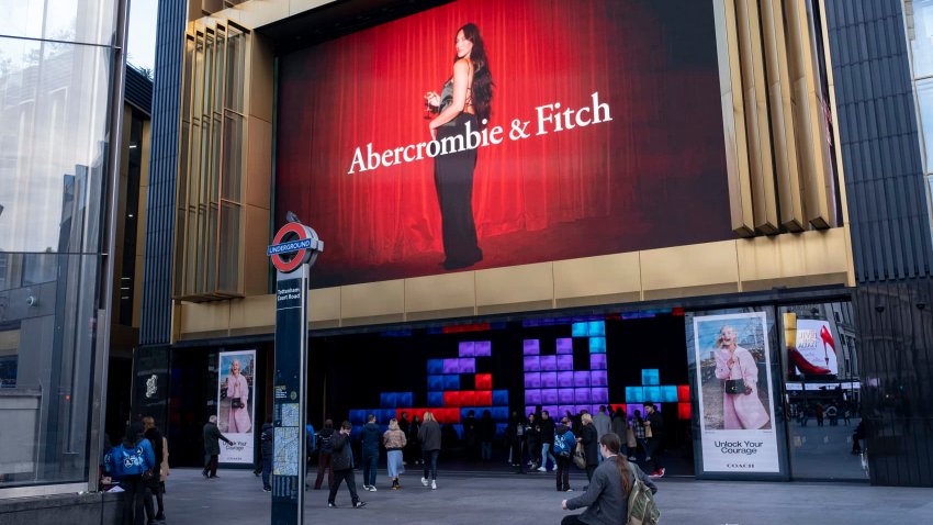 Fashion brand Abercrombie & Fitch advertising on a large scale digital billboard on the exterior of the Outernet building on 4th November 2024 in London, United Kingdom.