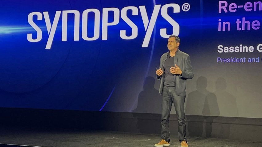 Sassine Ghazi, CEO of semiconductor design software firm Synopsys, explains the company’s plans to have artificial intelligence take over parts of designing computer chips at the company’s annual user conference in Santa Clara, California, on March 19, 2025.